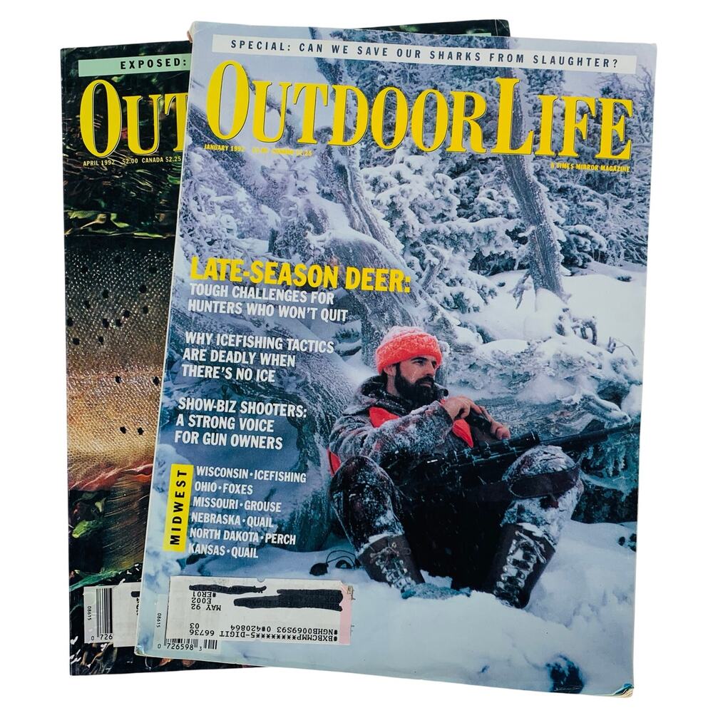 Outdoor Life Magazine Lot Of 2 Vintage 1992 Deer Hunting Trout Bass Ice Fishing